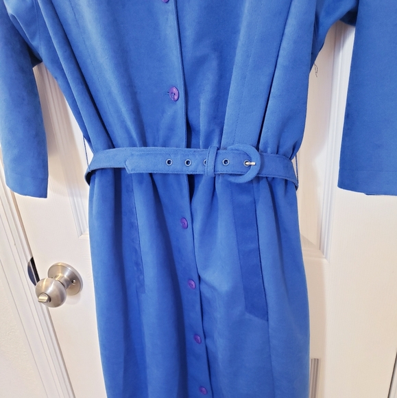 Vintage Blue Belted Button Up Dress Pinup Suede - Picture 4 of 6